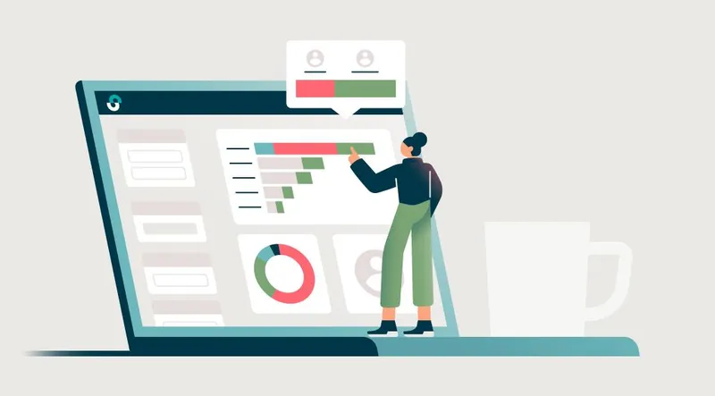 Illustration of a small woman standing on a laptop interacting with the trial metrics on the screen