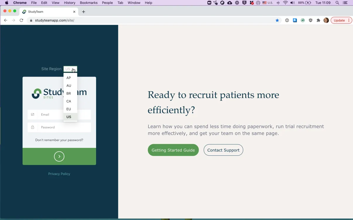 StudyTeam Region selector dropdown