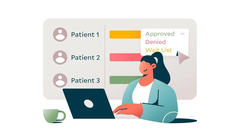 Illustration of a woman on a laptop looking at a list of patients
