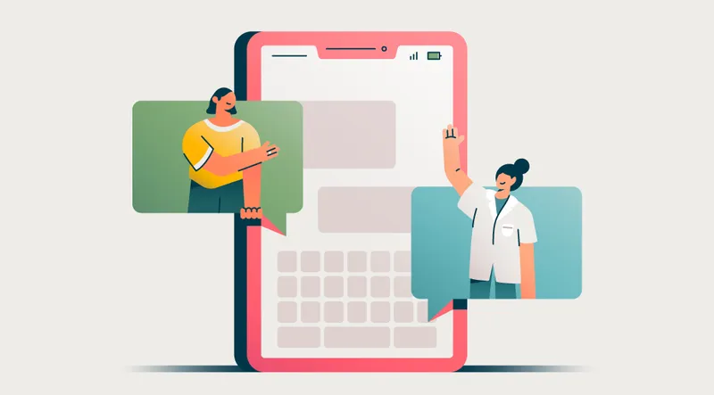 Illustration of people in chat bubbles in front of a phone waving at one another