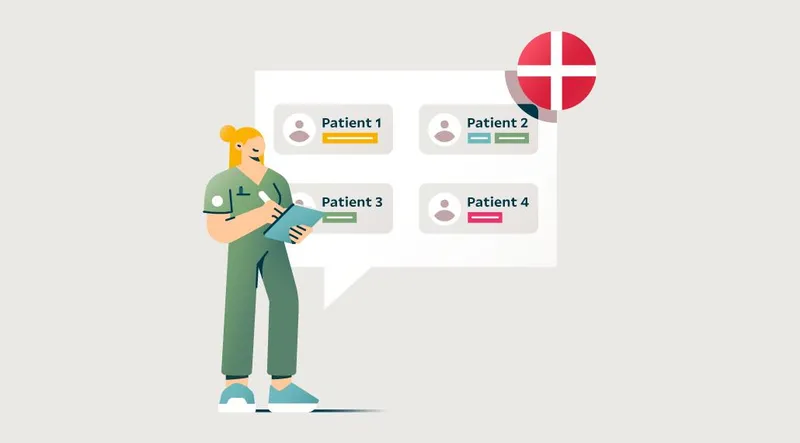 Illustration of a woman looking at patient data labelled with the Denmark flag