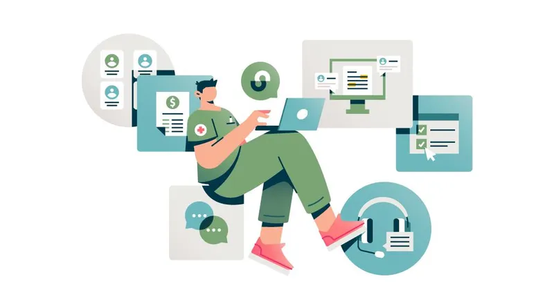 Illustration representing site staff interacting with various StudyTeam features on a laptop