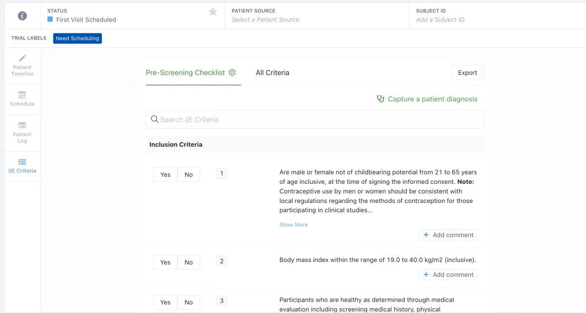 I/E Checklist to pre-screen a potential patient
