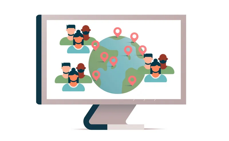 Image on a computer screen of people and a globe with sites labeled