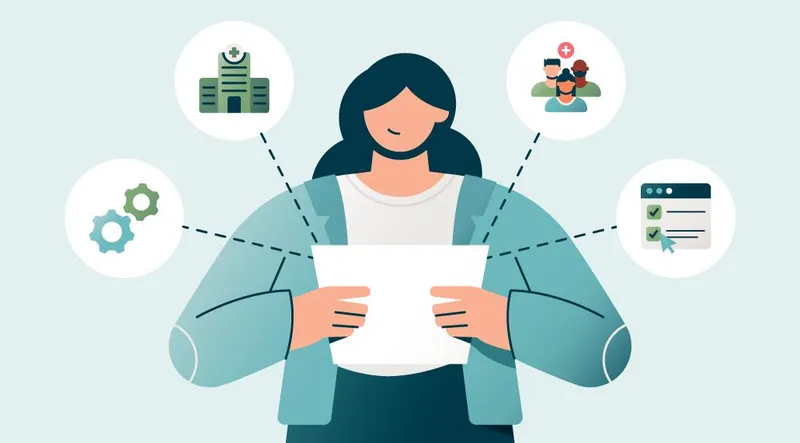 Illustration of a woman looking at a sheet of paper with icons representing different aspects of a clinical trial