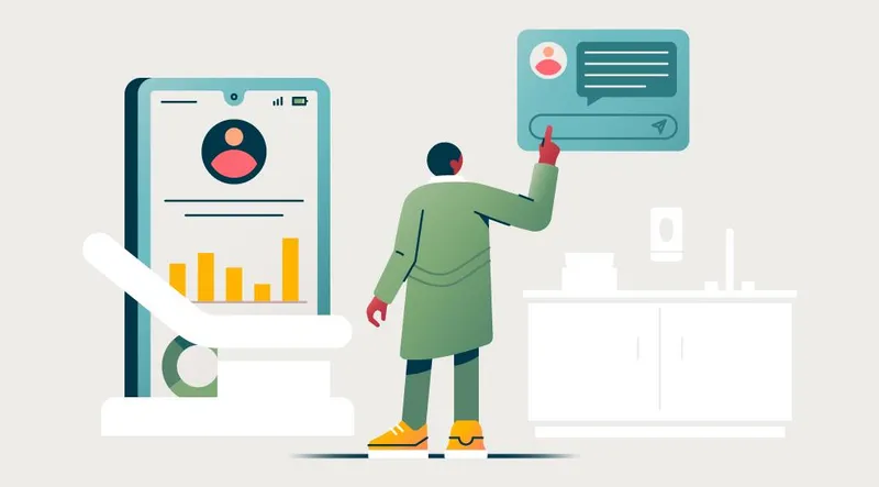 Illustration of a person in a doctors office communicating with patient digitally