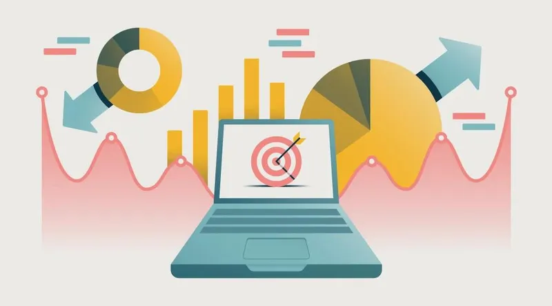 Illustration of a laptop with a target on the screen and charts in the background