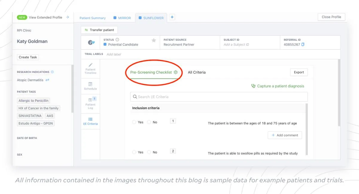 StudyTeam Pre-screening checklist