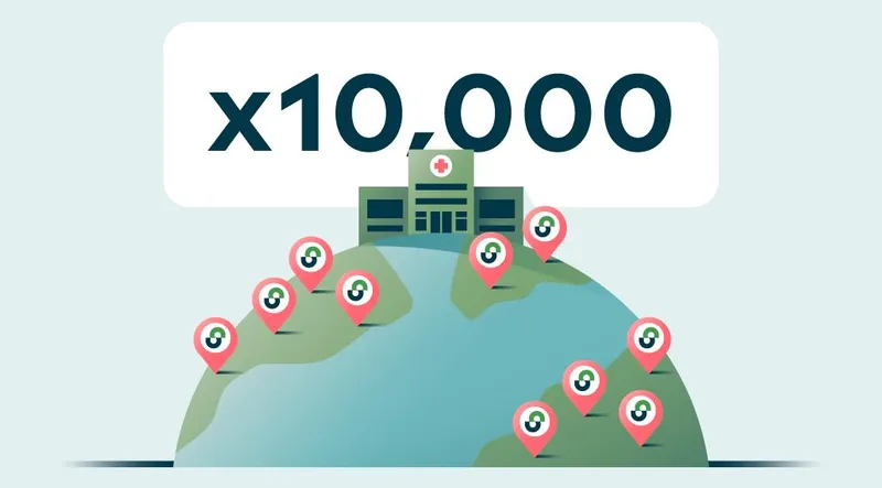 x10,000 above a globe with map pins across it representing StudyTeam sites