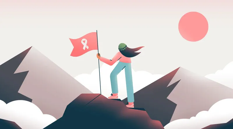 Illustration of a woman at the peak of a mountain with a flag with the breast cancer ribbon on it